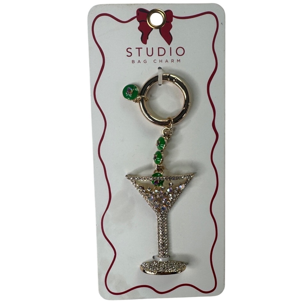 Studio Bag Purse Charm Martini Cocktail Glass Rhinestone Keychain Gold Tone